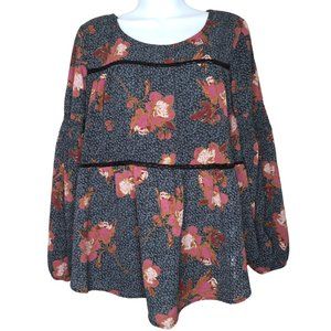 Knot Rose Blouse S Black Burgundy Floral Long Sleeve Pullover Tie Neck